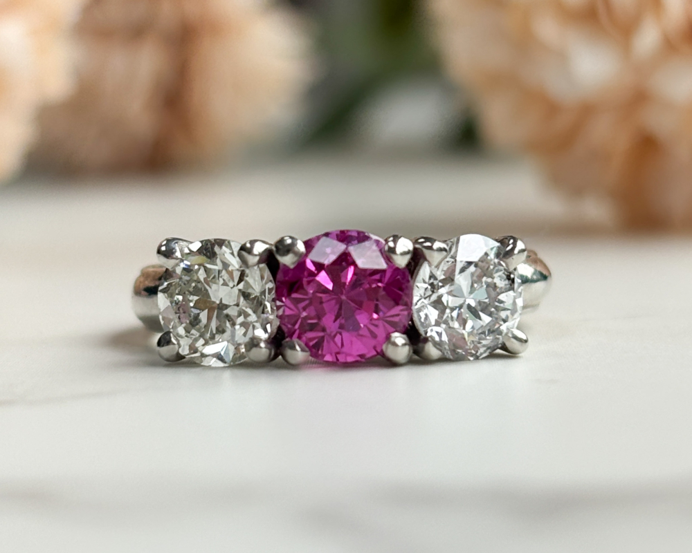 1940s Natural Pink Sapphire and Diamond Three Stone Ring
