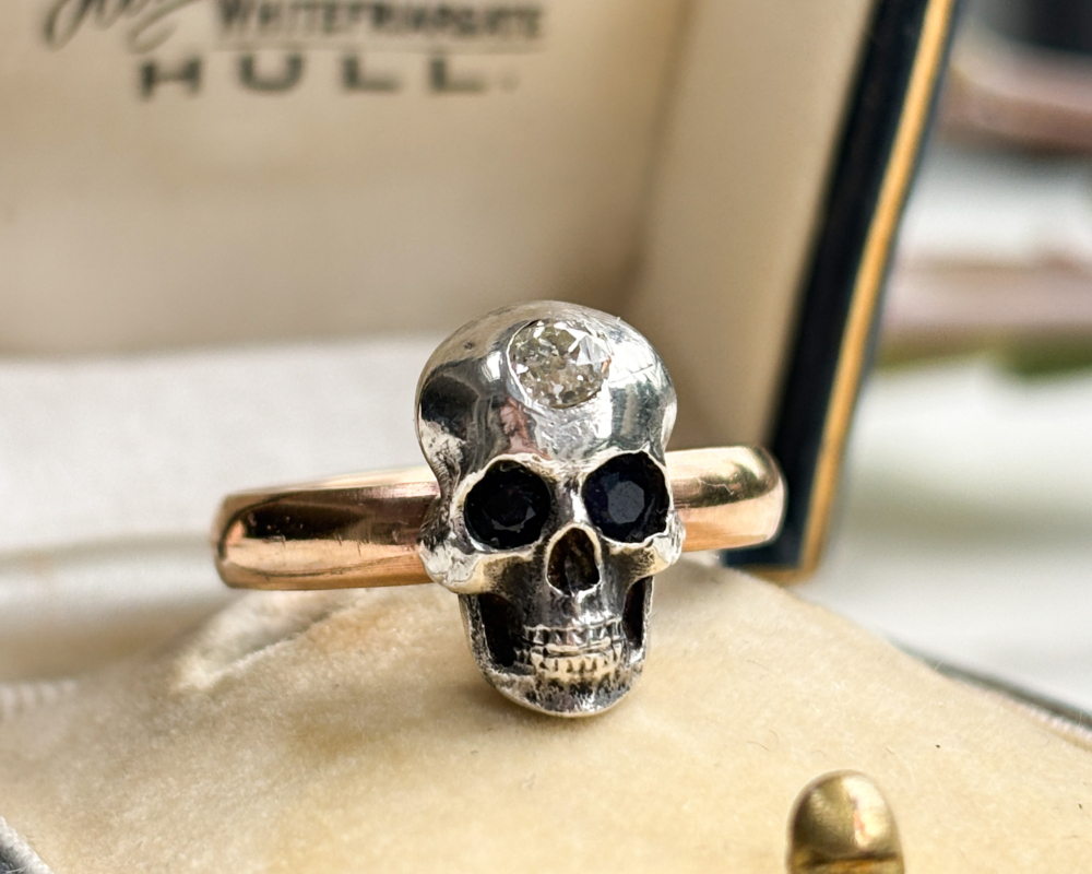 IMG_7678 (2) antique Victorian 9ct gold skull ring with diamond and sapphire for sale in Leeds
