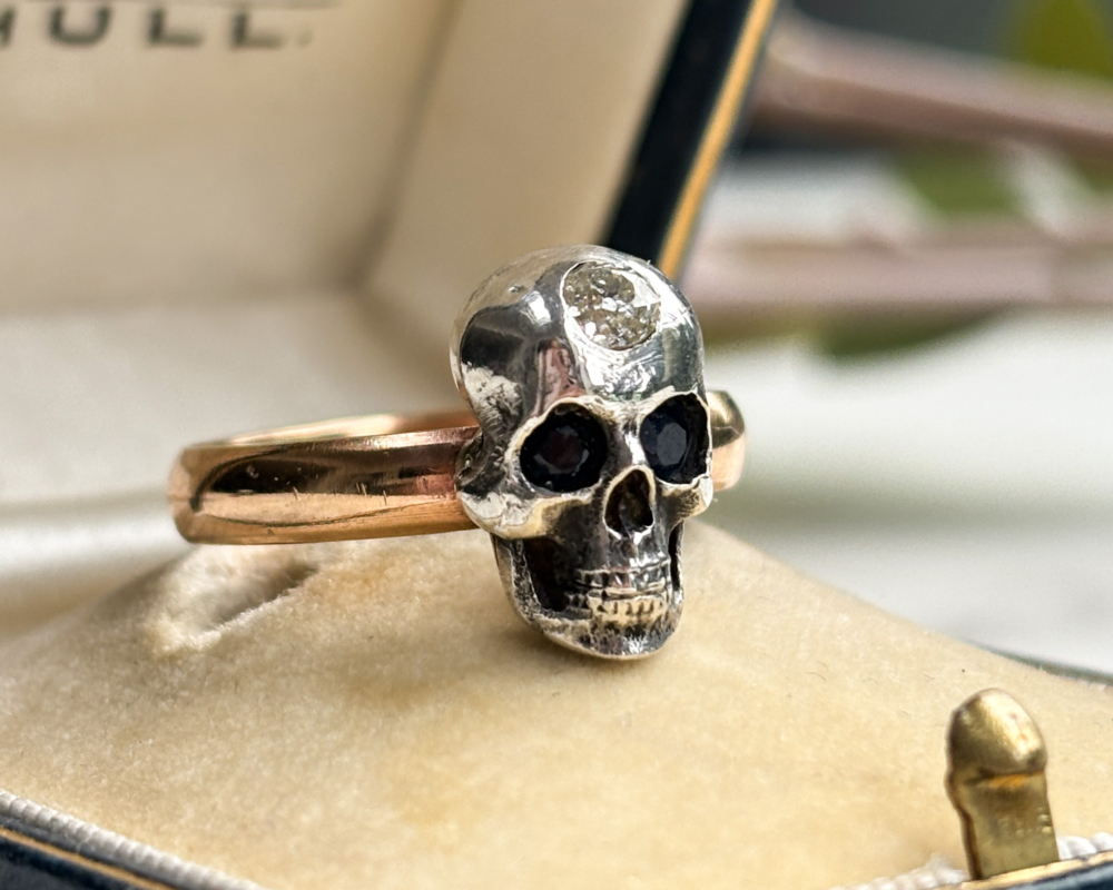 antique Victorian 9ct gold skull ring with diamond and sapphire for sale in Leeds