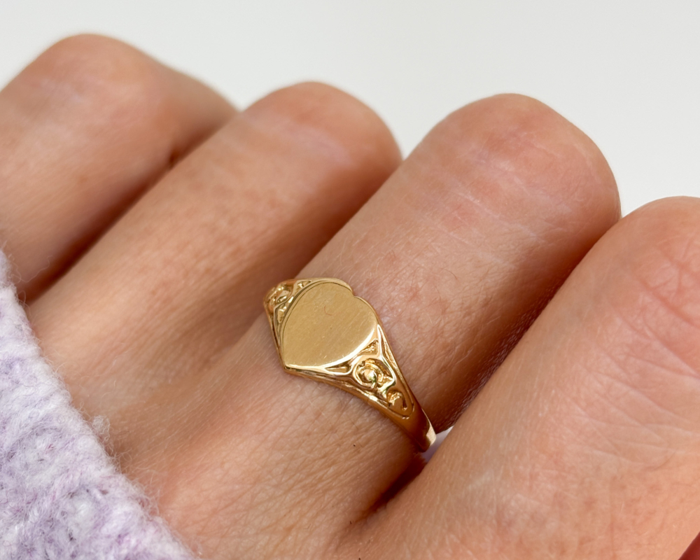 vintage 9ct gold heart signet ring for sale in Leeds, shown on woman's hand