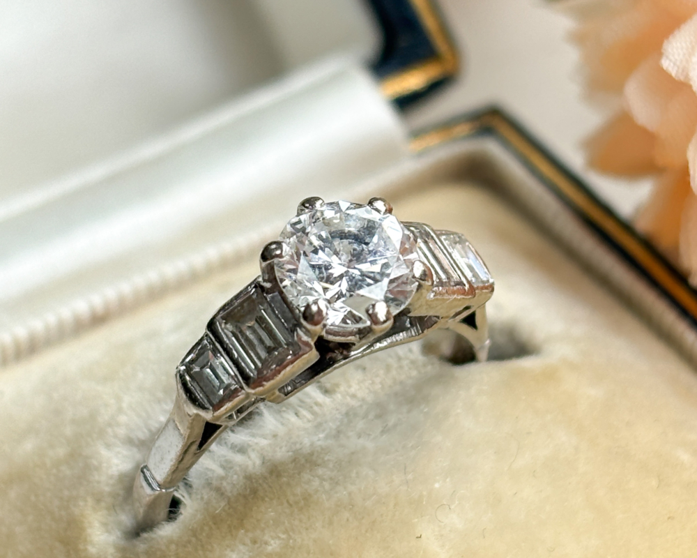 antique Art Deco diamond solitaire ring with baguette diamond shoulders 1.5ct total. For sale in Leeds, UK