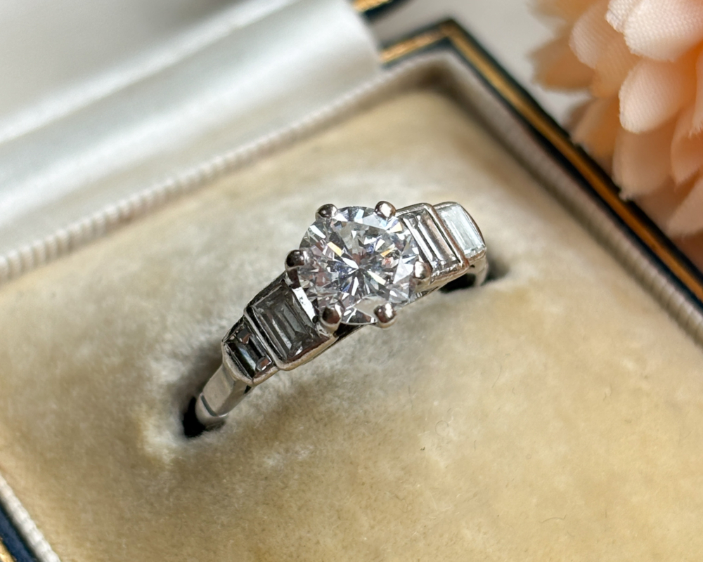 antique Art Deco diamond solitaire ring with baguette diamond shoulders 1.5ct total. For sale in Leeds, UK