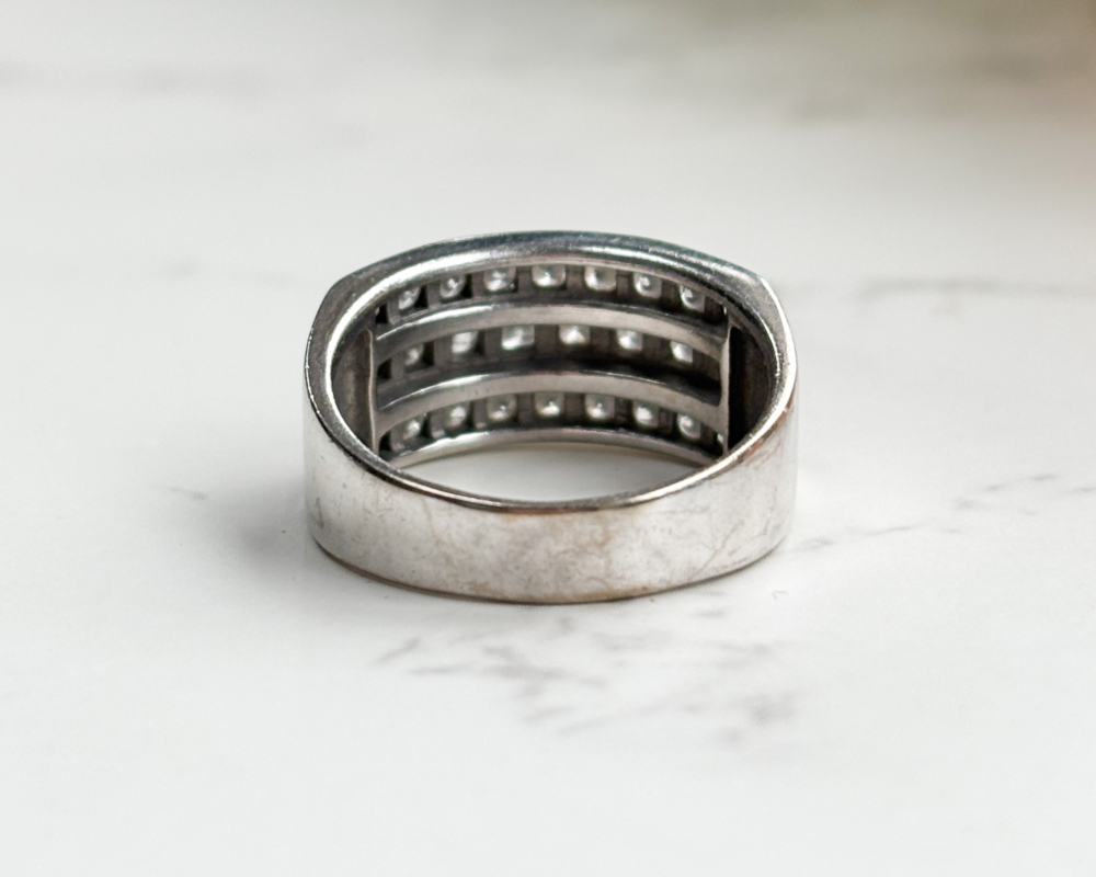 vintage triple row diamond half eternity ring in 18ct white gold, showing back of the ring