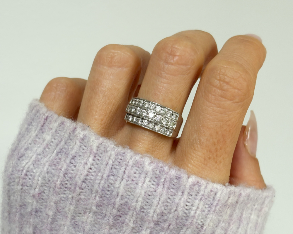 IMG_8309 vintage triple row diamond half eternity ring in 18ct white gold, shown on lady's finger