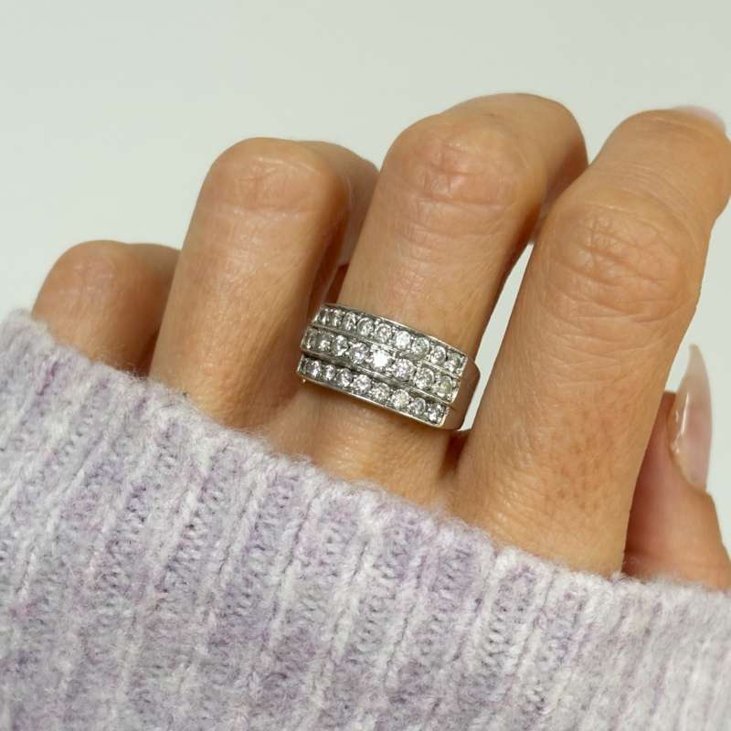 vintage triple row diamond half eternity ring in 18ct white gold, shown on lady's finger