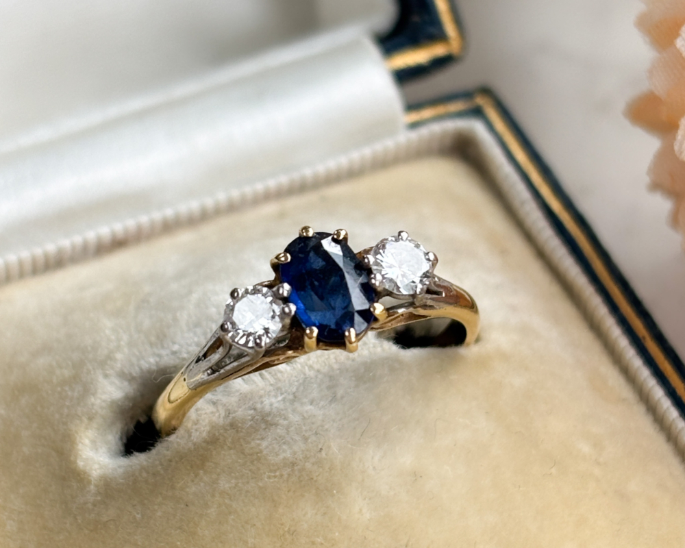 vintage sapphire and diamond three stone ring for sale in Leeds