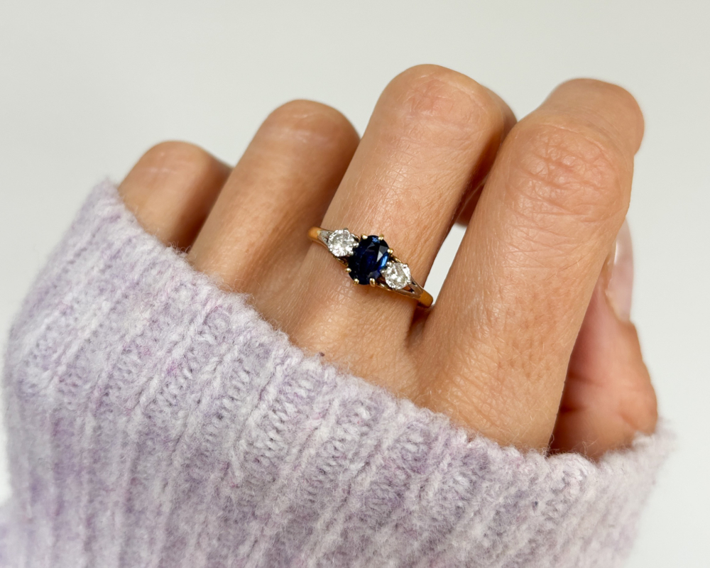vintage sapphire and diamond three stone ring for sale in Leeds, shown on lady's finger