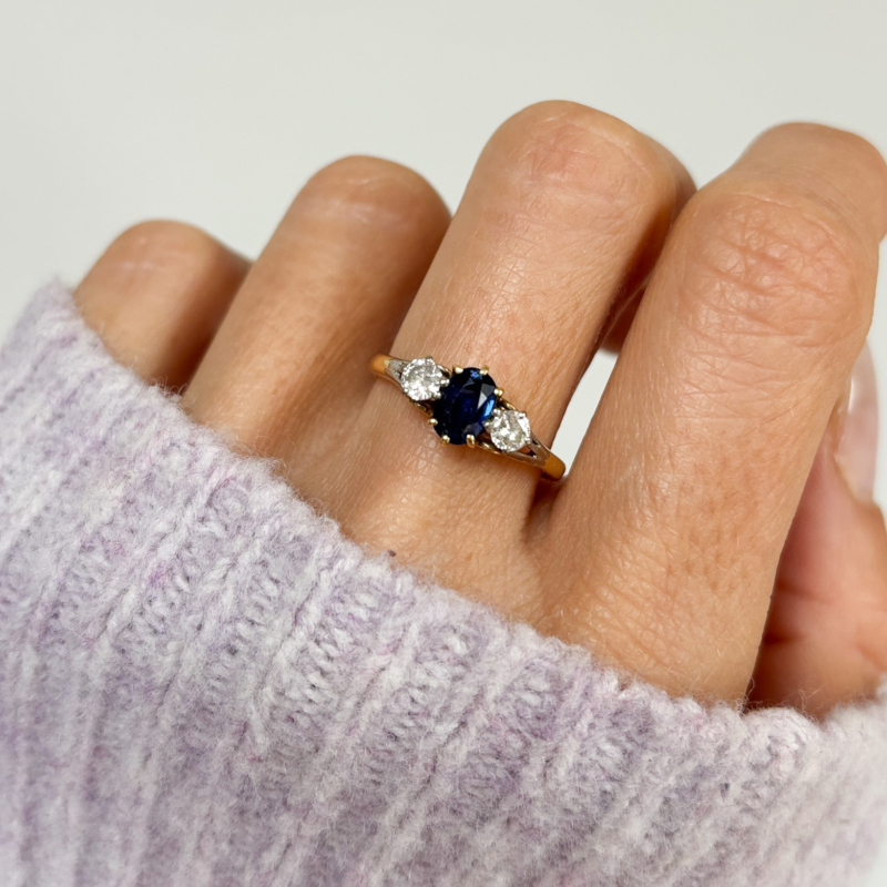 vintage sapphire and diamond three stone ring for sale in Leeds, shown on lady's finger