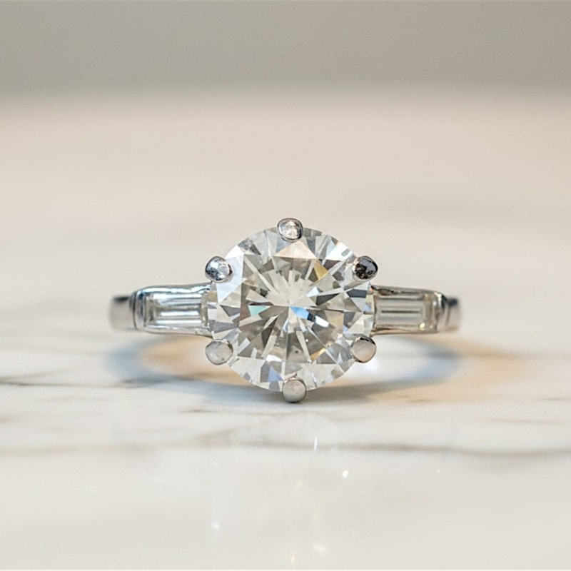 antique Art Deco 2ct diamond solitaire ring in platinum with baguette diamonds for sale in Leeds, UK