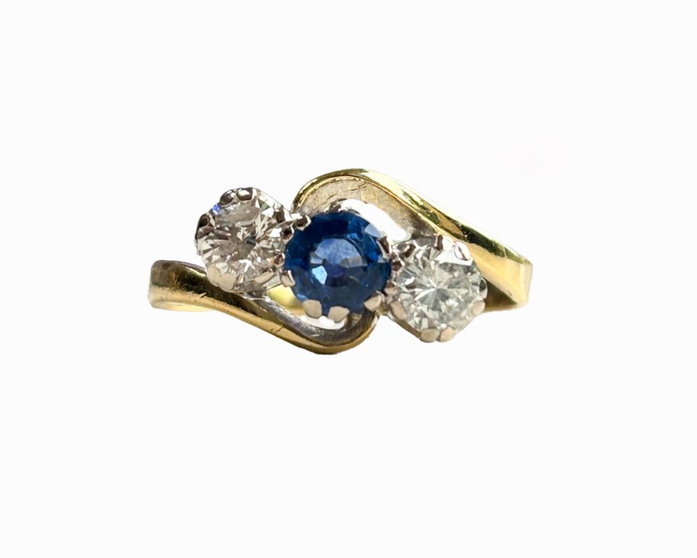 Antique 1930s Sapphire and Diamond Three Stone Ring Aladdins