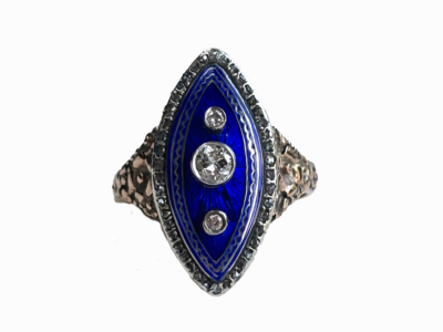 early Victorian cobalt blue enamel and old cut diamond navette ring for sale in Leeds, set in 15ct gold
