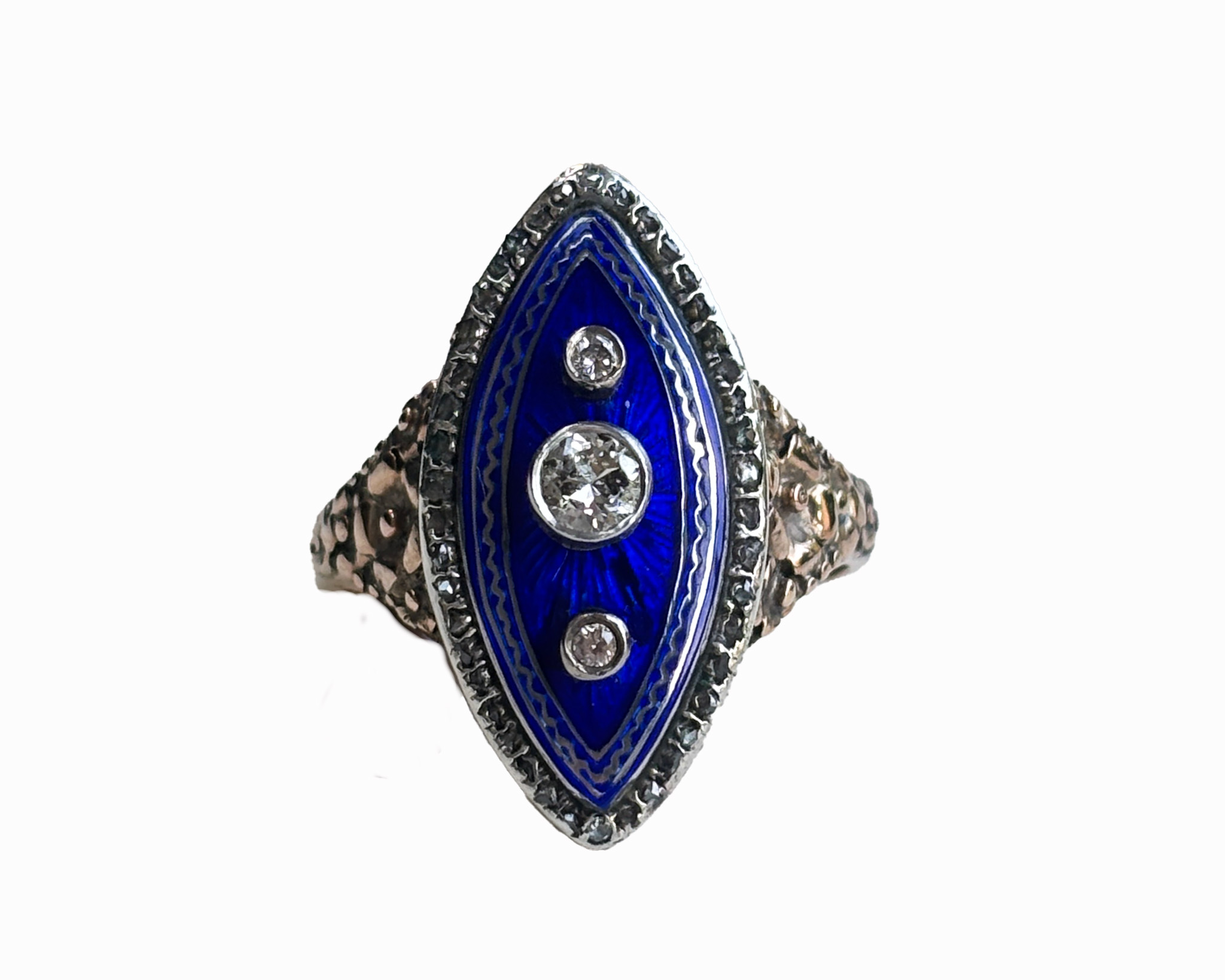 early Victorian cobalt blue enamel and old cut diamond navette ring for sale in Leeds, set in 15ct gold