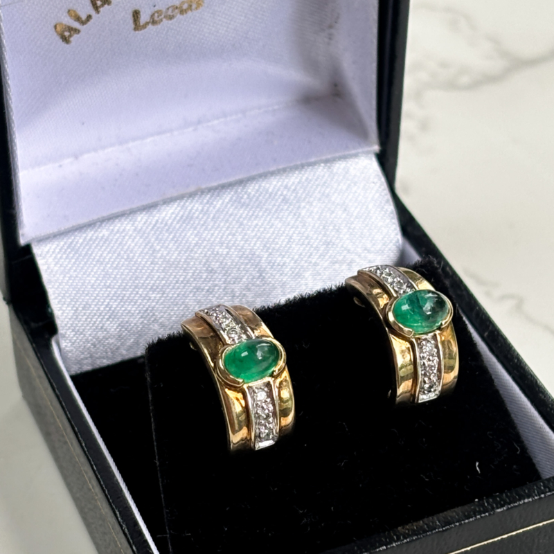 vintage emerald and diamond stud earrings for sale in Leeds, shown in box