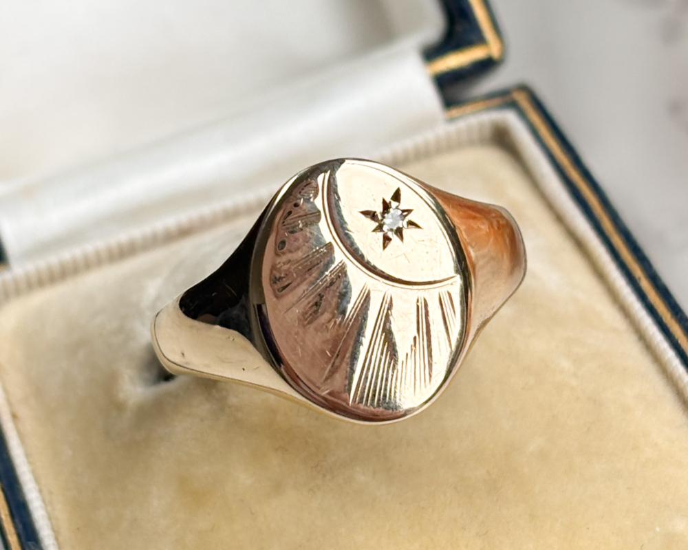 IMG_8585 vintage 9ct gold and diamond signet ring circa 1960s with starburst design.