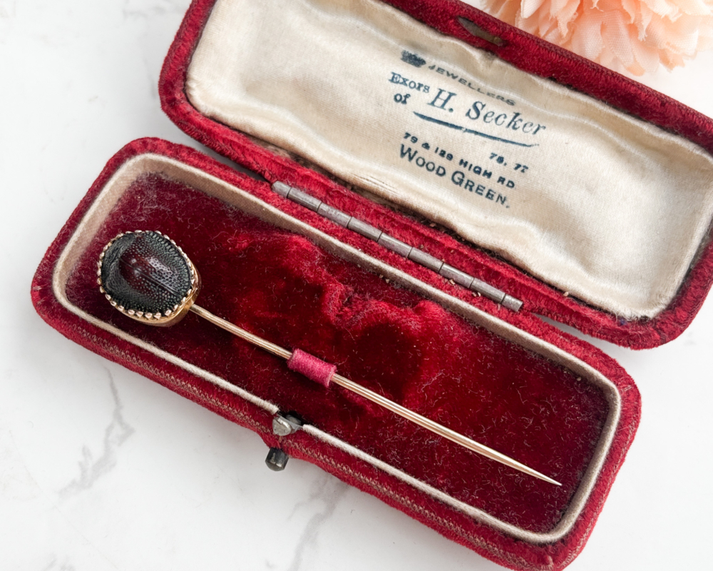 antique scarab beetle stick pin in 9ct gold shown in presentation box for sale in Leeds, Uk