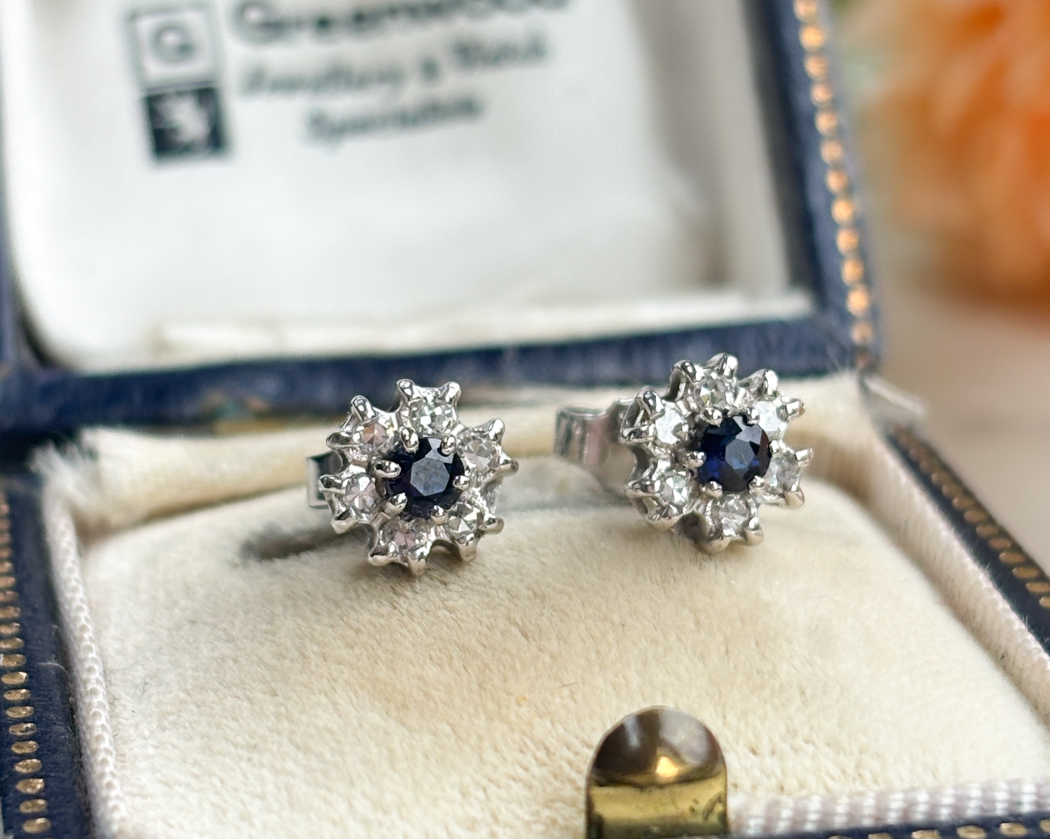 vintage sapphire and diamond stud earrings in 18ct white gold for sale in Leeds, UK