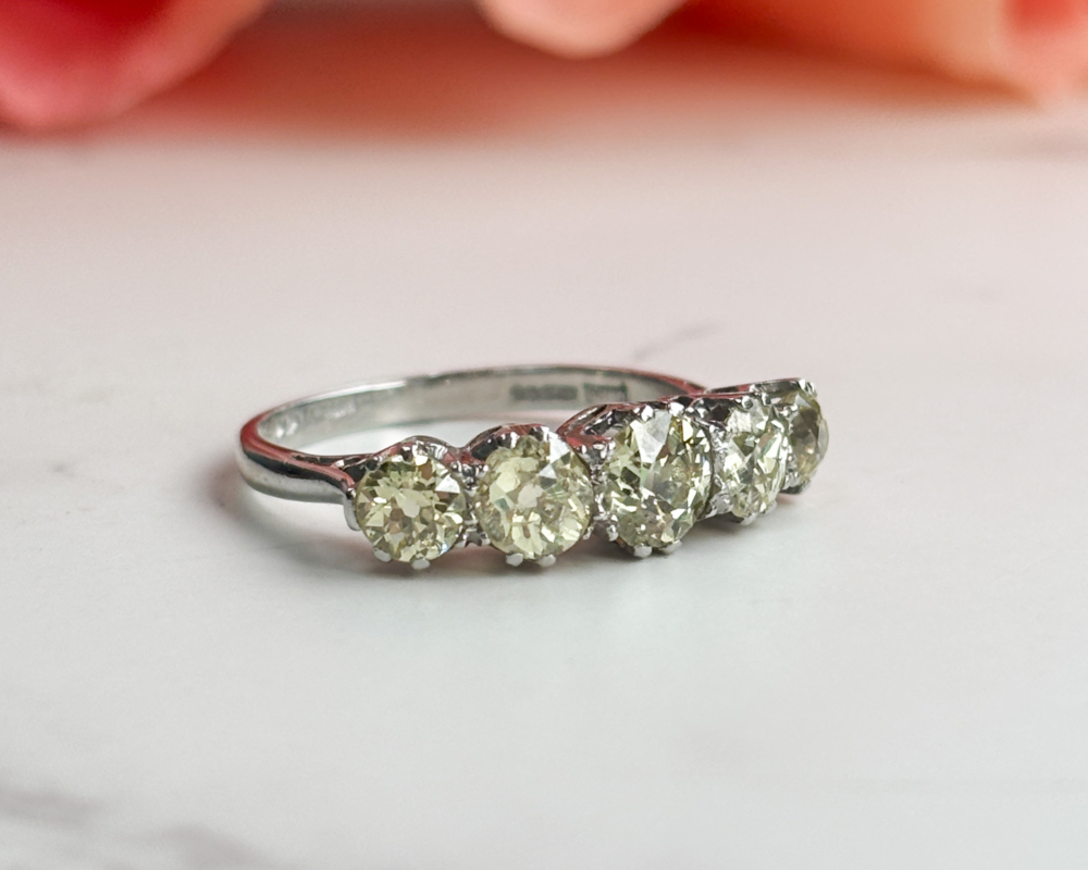 antique yellow diamond five stone ring in platinum for sale in Leeds, UK