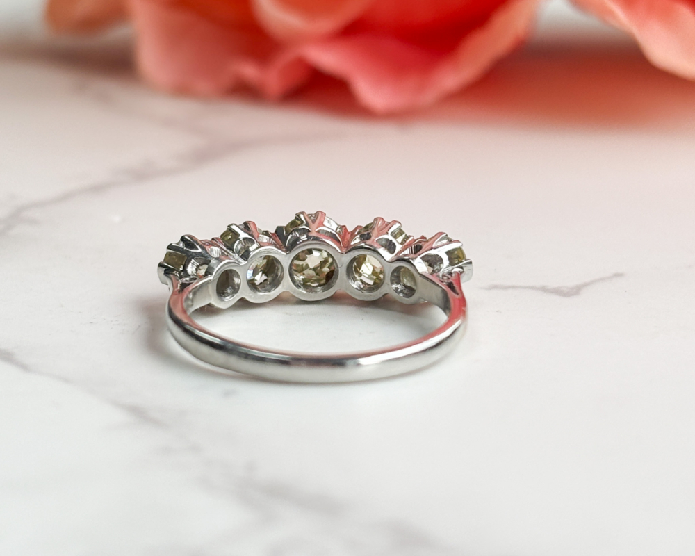 antique yellow diamond five stone ring in platinum for sale in Leeds, UK, showing back view of the ring