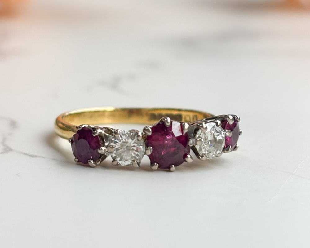 vintage ruby and diamond five stone ring in 18ct yellow gold for sale in Leeds