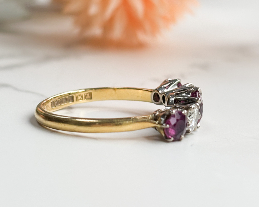 vintage ruby and diamond five stone ring in 18ct yellow gold for sale in Leeds, showing side view of the ring