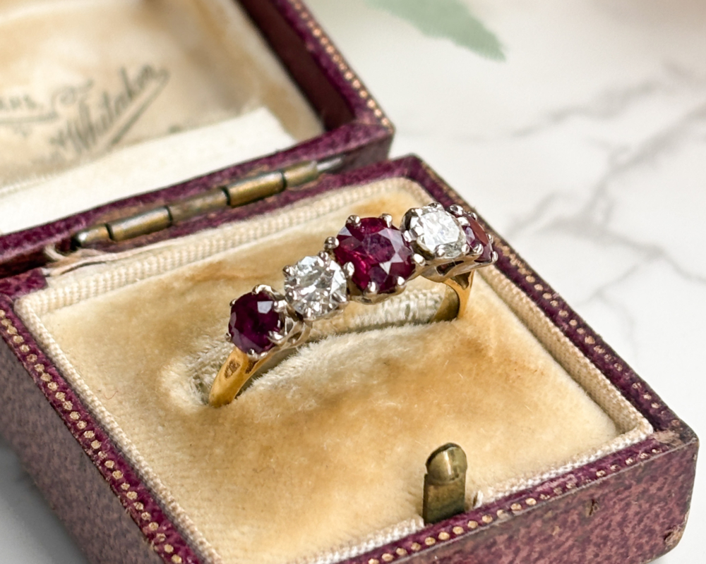 vintage ruby and diamond five stone ring in 18ct yellow gold for sale in Leeds, shown in box
