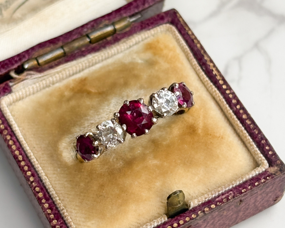 vintage ruby and diamond five stone ring in 18ct yellow gold for sale in Leeds, shown in box