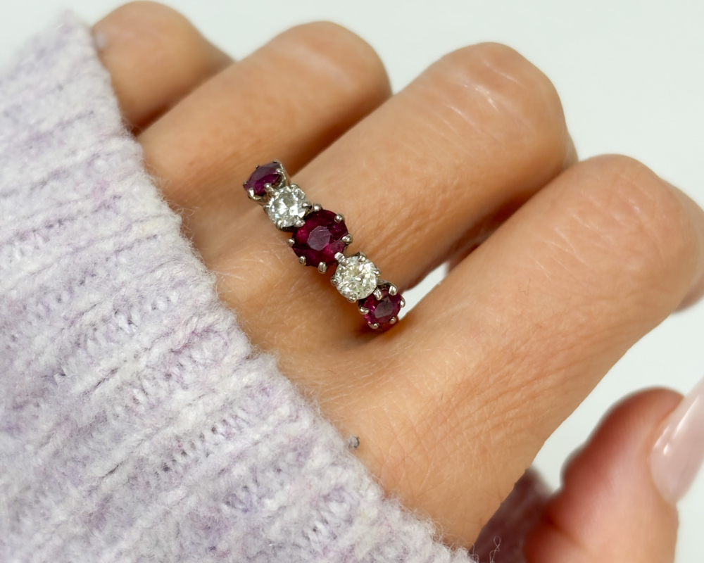 vintage ruby and diamond five stone ring in 18ct yellow gold for sale in Leeds, shown on woman's finger