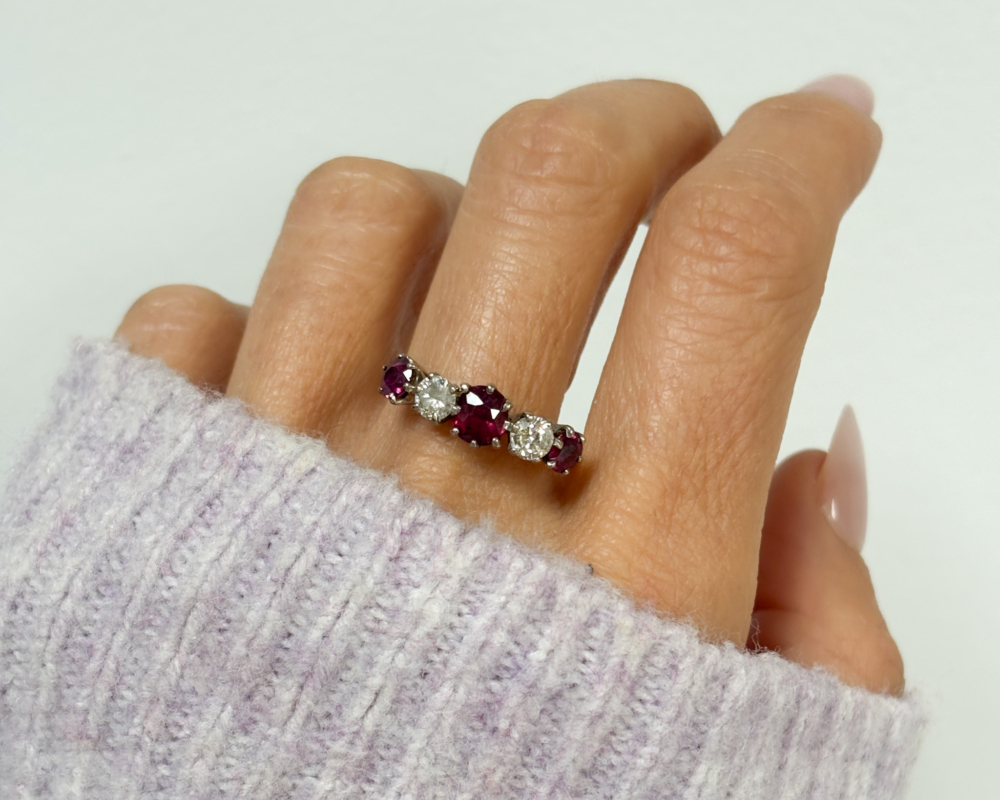 IMG_9200 vintage ruby and diamond five stone ring in 18ct yellow gold for sale in Leeds, shown on woman's finger