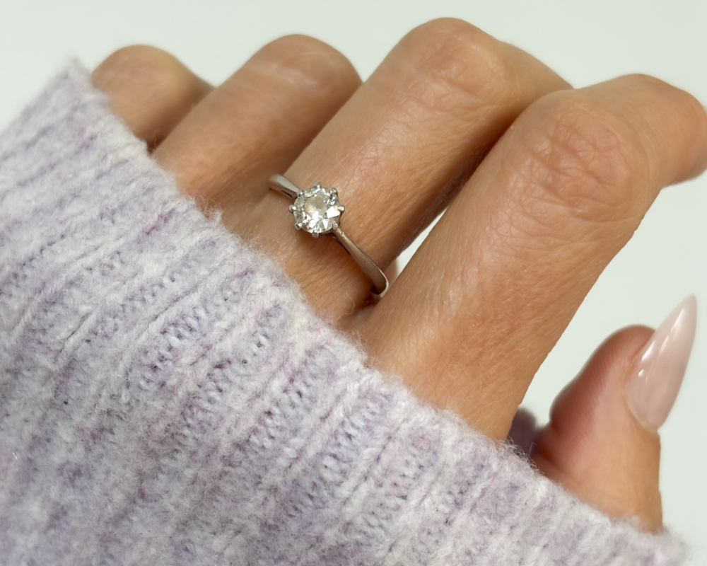 antique diamond solitaire ring 0.5ct in 18ct white gold and platinum for sale in Leeds, UK, shown on woman's hand