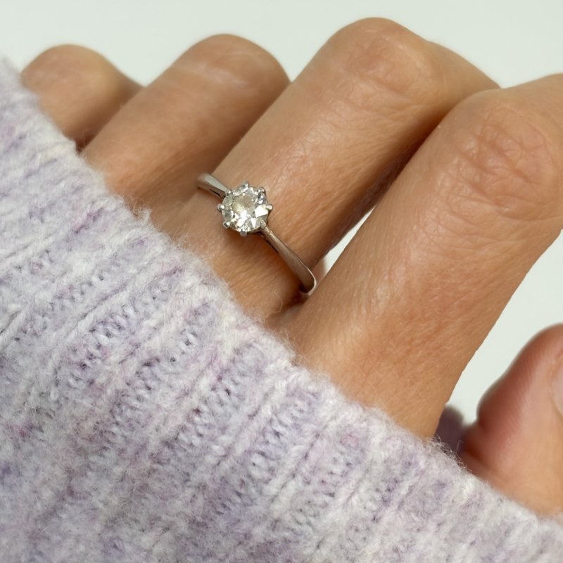antique diamond solitaire ring 0.5ct in 18ct white gold and platinum for sale in Leeds, UK, shown on woman's hand