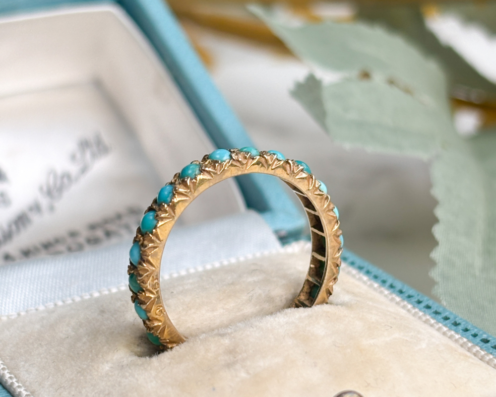 antique Victorian turquoise eternity ring for sale in Leeds, UK, shown in a box