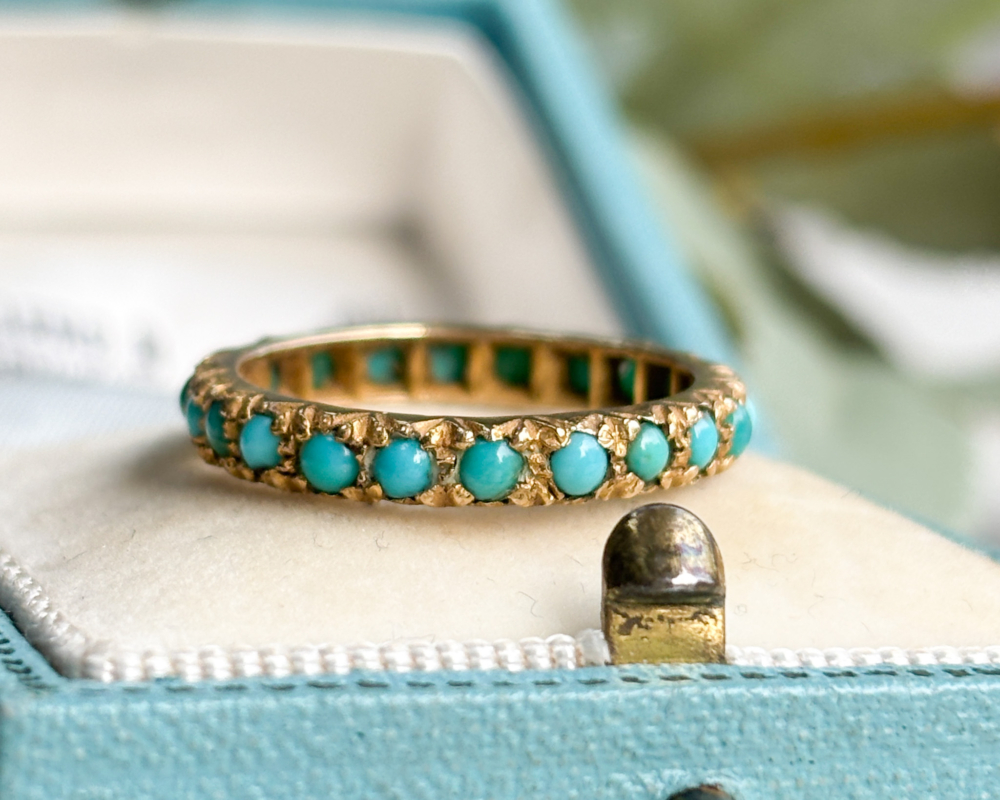 antique Victorian turquoise eternity ring for sale in Leeds, UK, shown in a box