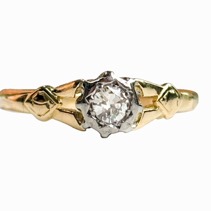 antique 1930s illusion set diamond solitaire ring in 18ct yellow gold and platinum for sale in Leeds, UK