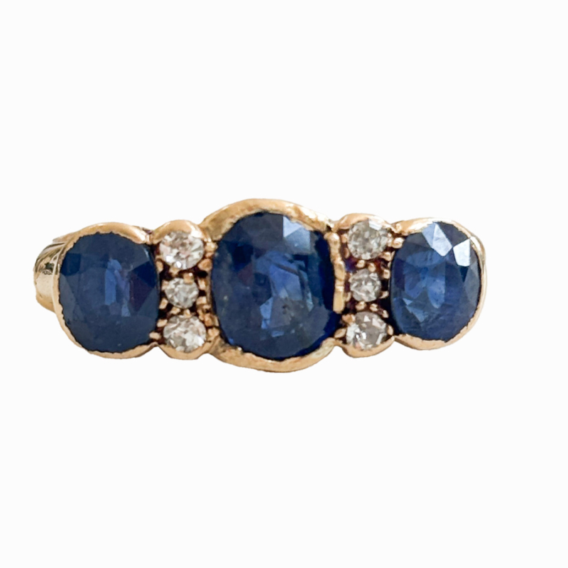 antique Edwardian sapphire and diamond three stone ring in 18ct yellow gold for sale in Leeds, UK