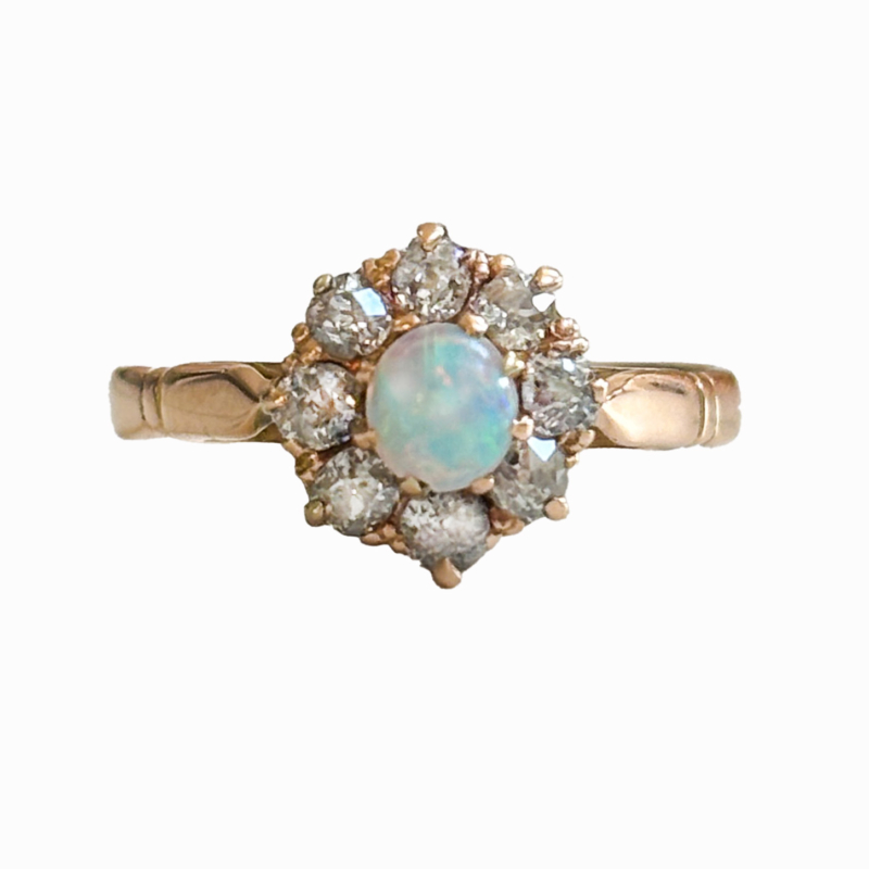 antique opal and diamond cluster ring from the Edwardian era, set in 15ct gold
