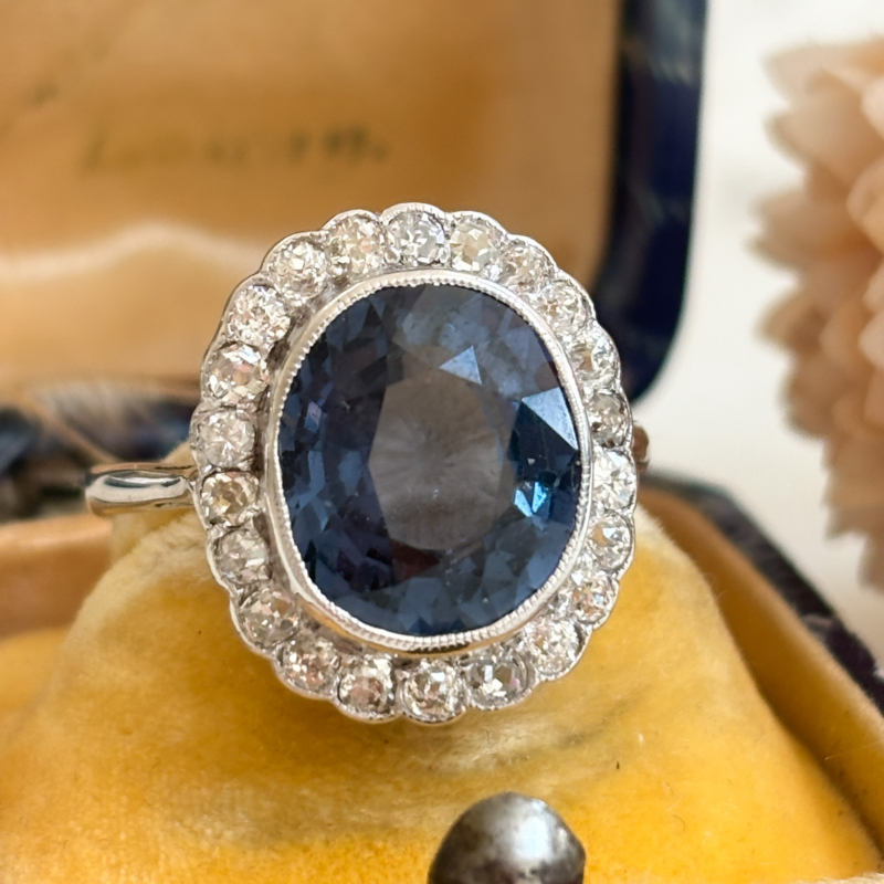 antique Art Deco 1930s blue spinel and diamond cluster ring for sale in Leeds