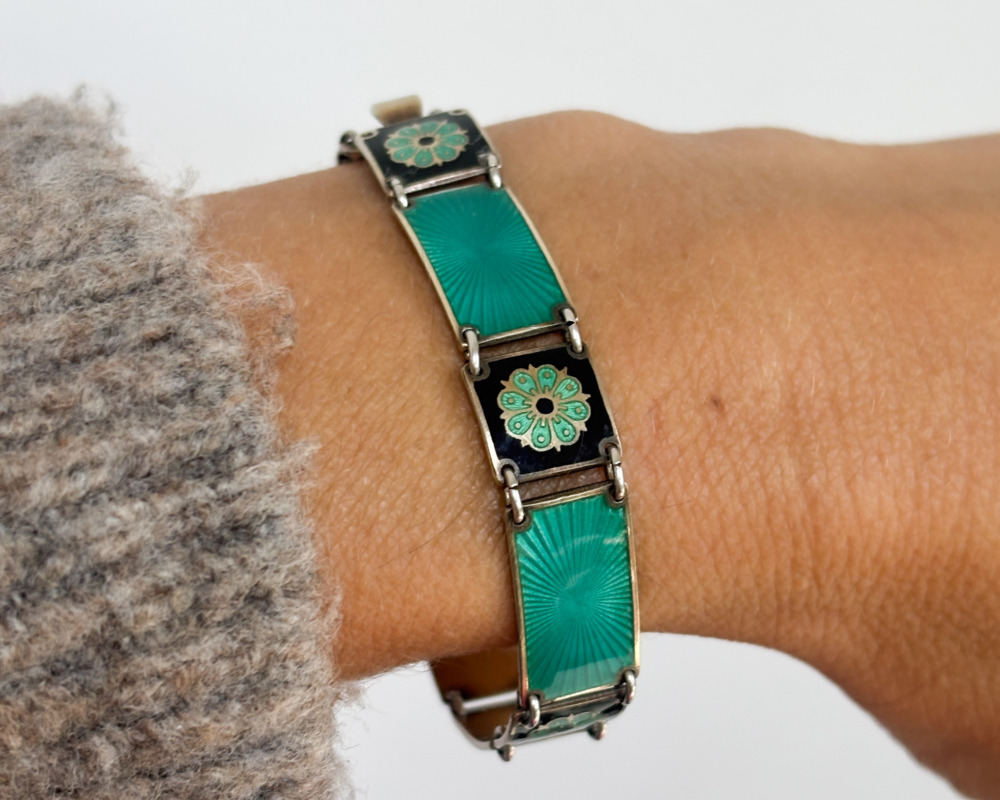 Vintage David Andersen silver and enamel bracelet for sale in Leeds, shown on lady's wrist