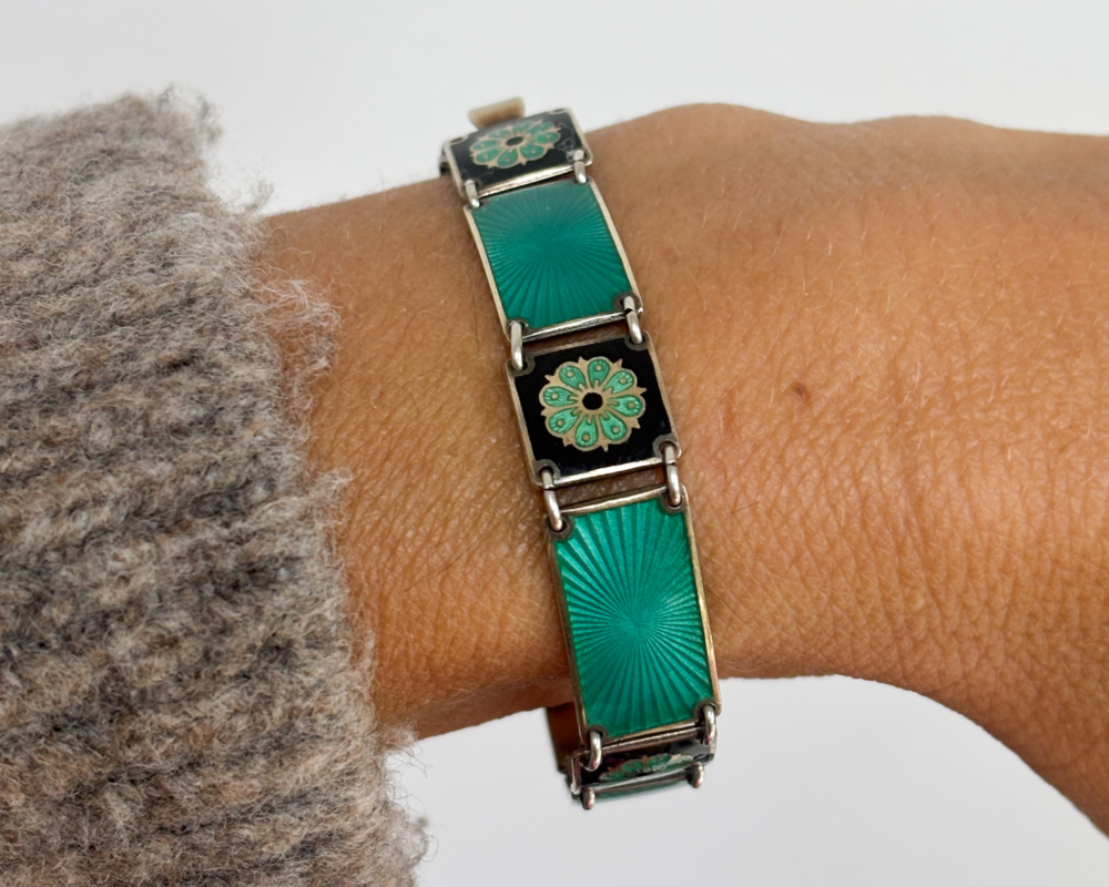 Vintage David Andersen silver and enamel bracelet for sale in Leeds, shown on lady's wrist