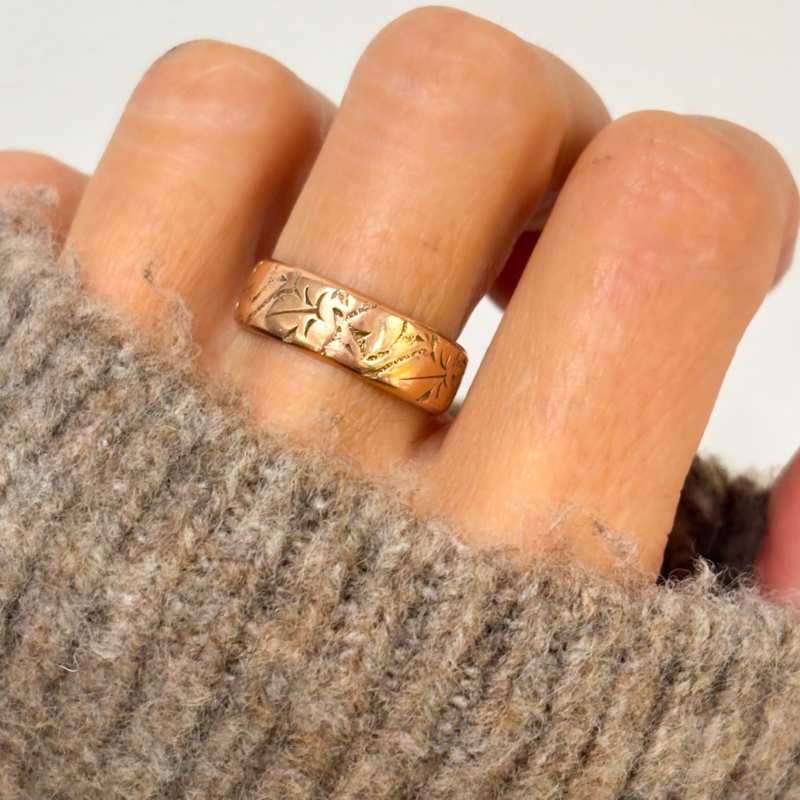 antique 9ct rose gold wedding ring dated 1939 for sale in Leeds, shown on woman's hand