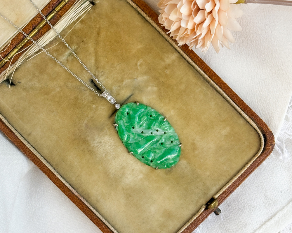 antique Art Deco jade and diamond necklace in platinum for sale in Leeds