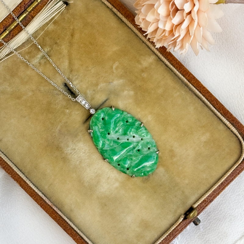 antique Art Deco jade and diamond necklace in platinum for sale in Leeds