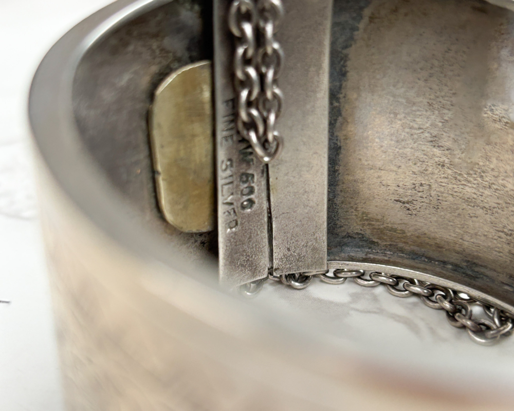 antique Victorian wide silver cuff bangle showing close up of the hallmark