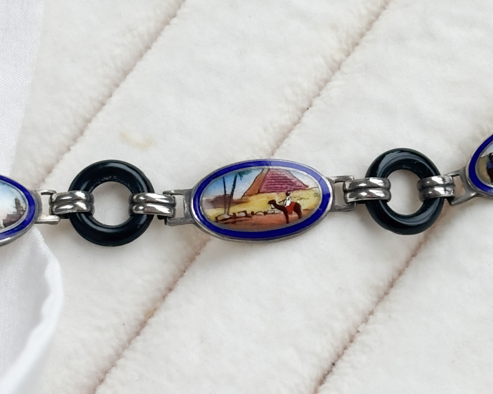 antique Egyptian Revival bracelet with hand painted scenes of Egypt in silver and enamel for sale