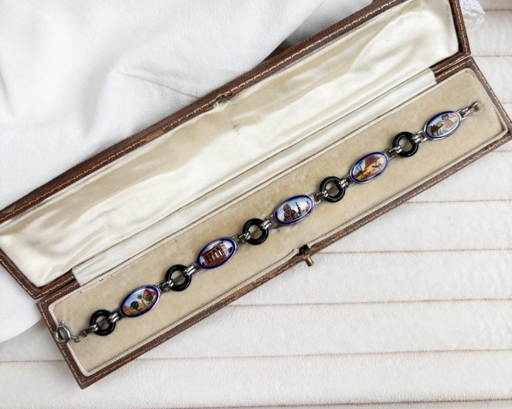 antique Egyptian Revival bracelet with hand painted scenes of Egypt in silver and enamel for sale