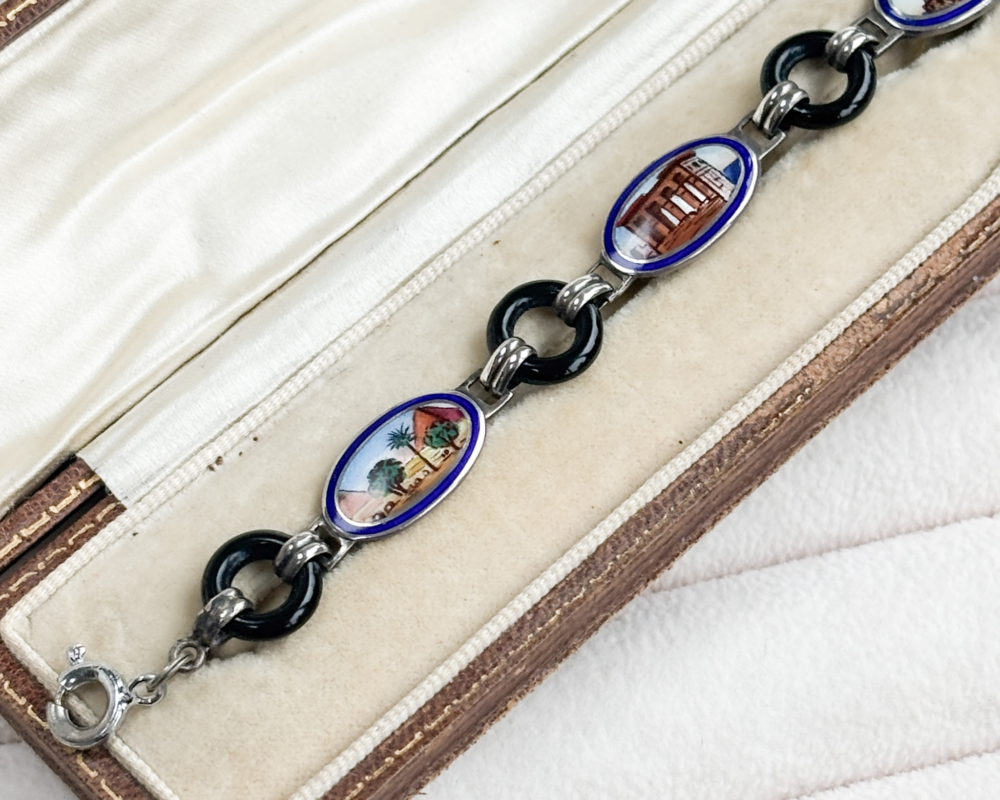 antique Egyptian Revival bracelet with hand painted scenes of Egypt in silver and enamel for sale