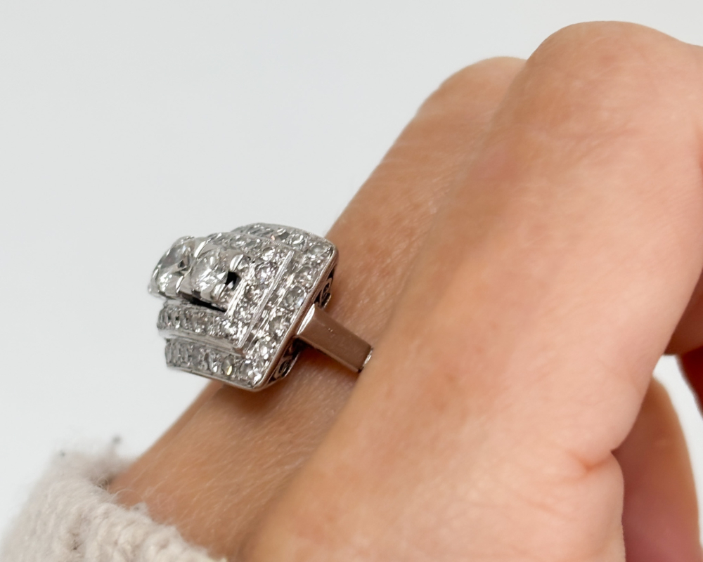 vintage 1940s statement ring with 2ct of diamonds in 18ct white gold for sale in Leeds, UK, shown on a woman's finger