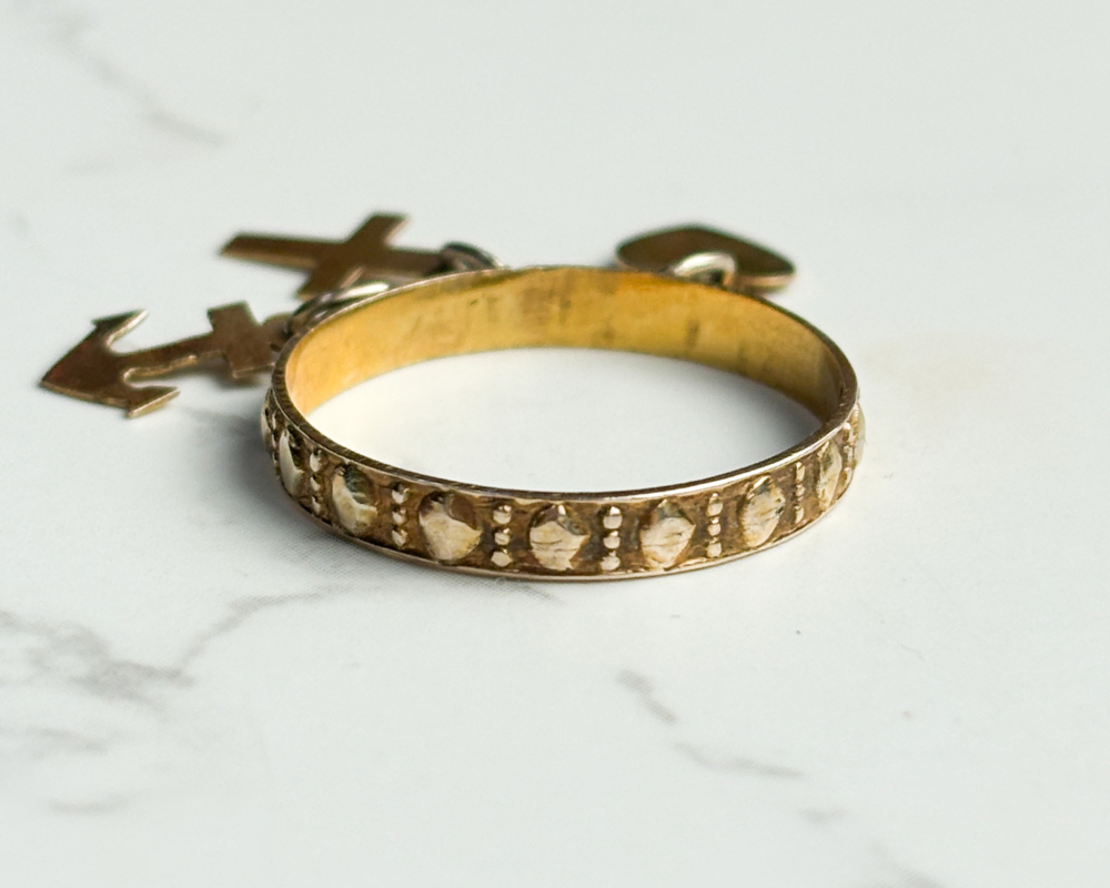 antique Victorian faith, hope and charity ring in 9ct gold for sale in Leeds, UK, showing back of the ring