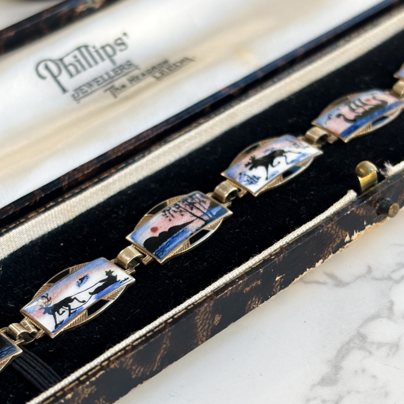 vintage Norwegian silver gilt panel bracelet with enamel miniature Nordic landscapes in silver gilt