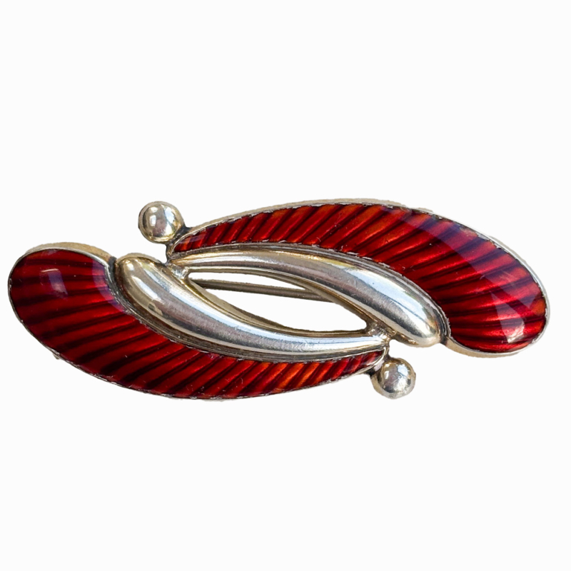 vintage Modernist silver brooch with red enamel