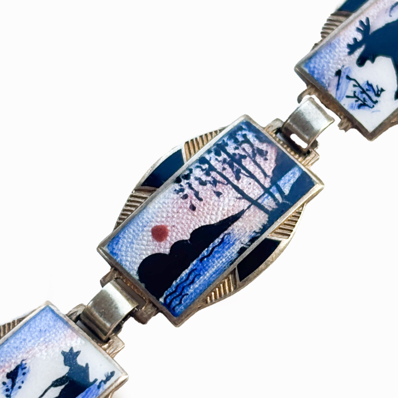 vintage Norwegian silver gilt panel bracelet with enamel miniature Nordic landscapes in silver gilt